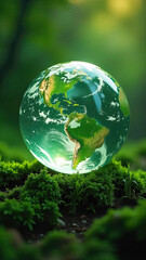 Glass glowing sphere of planet Earth in forest is a ball with an internal microclimate, a clean environment, protecting the ecology of the planet.