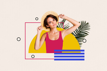 Sketch full zine artwork collage of happy glamour girl wear straw hat sexy bikini summer vacation palm leaves relax travel