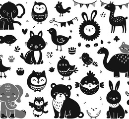 Funny Cute Cartoon Animals Seamless Pattern with Pets and Zoo Characters