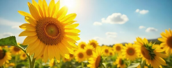 Fototapeta premium A vibrant, sun-drenched head of sunflowers basking in the golden light of a summer day, petals reaching for the sky Perfect for summer, nature, and harvest themes , organic, texture, sunlight