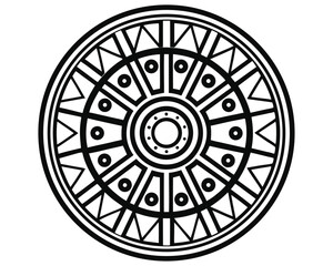 Geometric Circular Motif: Aztec-Inspired Design with Triangles and Circles, Black and White, Vector Art                                   