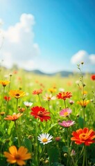Naklejka premium A vibrant sun-drenched field of wildflowers swaying gently in a summer breeze, embodying uninhibited joy and freedom Perfect for themes of relaxation, optimism, and boundless energy , blue, nature