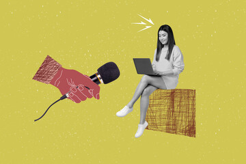 Art 3d sketch photo collage of young guy girl hand hold microphone interview speaker podcast...