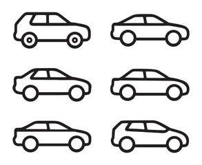 Simple outlined car icons featuring compact cars and sedans, ideal for clean mobile design, transportation infographics, and modern automotive-themed digital visuals.