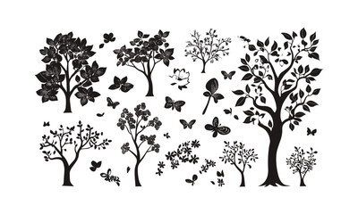 Dogwood Tree Springtime Urban Park Elements, forest silhouette, black tree, nature clipart, wild tree, tree vector, vector illustration, outdoor landscape, seasonal foliage, greenery scene.