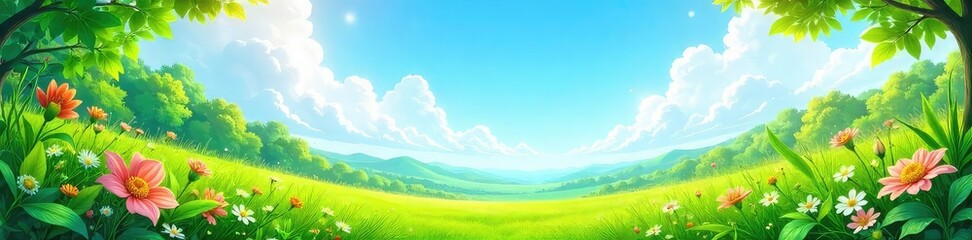 Obraz premium A vibrant summer scene featuring lush green vegetation, under a bright, sunny sky Perfect for illustrating summer themes, travel brochures, or nature documentaries , cheerful, bright, nature