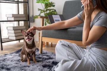 A woman is talking on her cell phone while petting a small brown dog