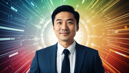 Fototapeta premium Asian man centered on colorful themed cyber space security data background, looking proudly