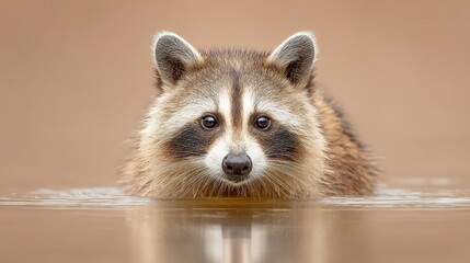 A close-up of a curious raccoon emerging from water, displaying its unique facial markings and inquisitive nature. The warm background complements this charming wildlife scene.