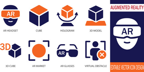 Clean filled  “Augmented Reality Icon Set” with AR headset, 3D scan, overlay markers, spatial mapping, and interactive tech symbols for apps and UI.
