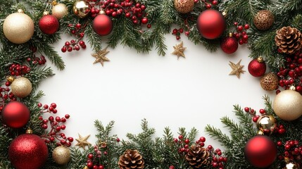 Christmas ornaments frame on white background with fir sprigs, berries, and pinecones.  Possible use Holiday card or invitation design