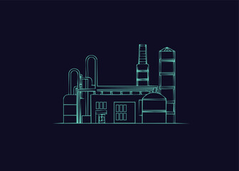 Dark illustration of neon factory with pipes; chimneys and industrial objects; buildings.	