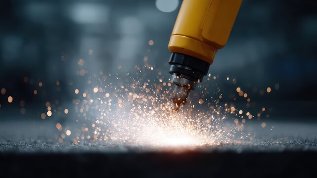A close-up shot of a welding torch igniting sparks in a workshop, showcasing the precision and power of industrial work