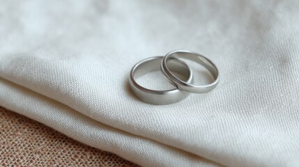 A close-up view of two elegant silver wedding rings elegantly placed on soft fabric, symbolizing love, unity, and commitment in relationships.