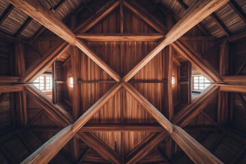 Naklejka premium aerial view of wooden cathedral ceiling with skylight