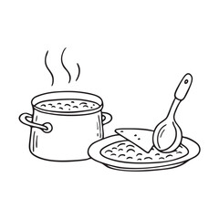 A tortilla on plate beside ladle and stove of beans