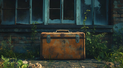 Aged suitcase rests against a weathered building.
