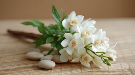 A delicate arrangement of white flowers with green leaves, set against a soft, neutral background. Perfect for conveying beauty and tranquility in nature themes.