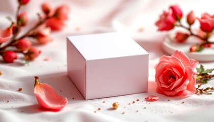 a close up view of a small white box with a lid on a surface that has petals scattered around it. the petals suggest a romantic theme, and the pink roses in the background contribute to this ambiance