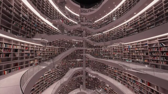 Stunning spiral staircase in a modern library filled with books and ambient lighting