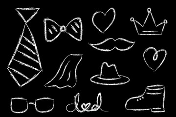 Father's Day Hand-Drawn Elements – Tie, Bow, Shoe, Heart, Goggles, Cowboy Hat, Mustache, Cape, white Chalk Stroke Doodles on black background