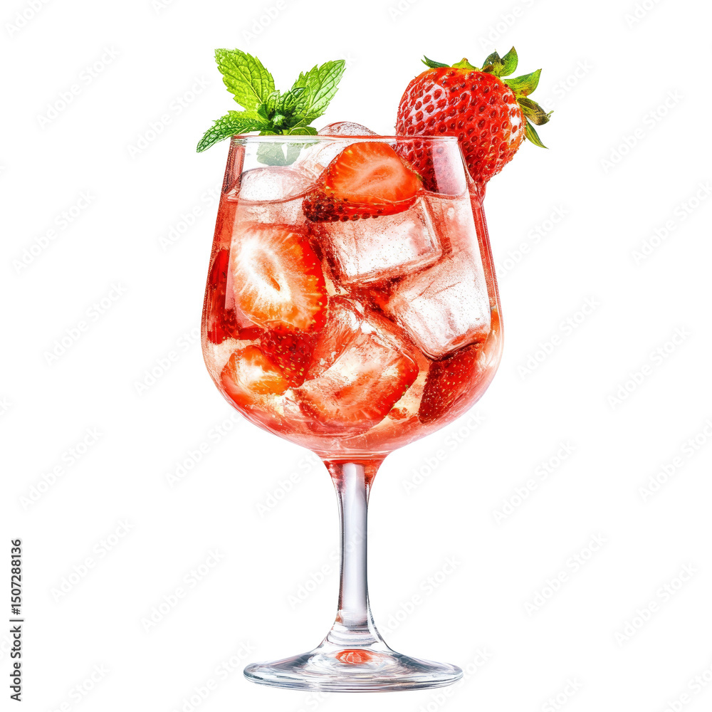 Poster refreshing strawberry drink with ice cubes and mint garnish on transparent