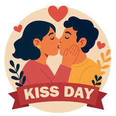 Romantic vector illustration for Kiss Day. Features a couple kissing, surrounded by hearts and floral elements, with a ribbon banner reading 