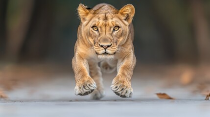 Obraz premium A majestic lioness running powerfully, showcasing her grace and strength in a natural environment. This dynamic image captures the essence of the wild and the beauty of wildlife.