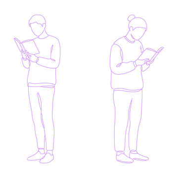 person standing while reading a book pose lineart illustration