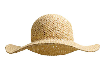 Straw beach hat front view isolated on white background. Beach hat with clipping path as design element banner, studio shot with sunlight. Summer travel cap for beach holidays on Vacation