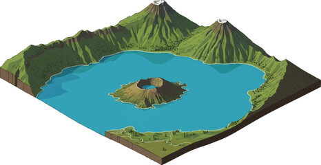 Stunning 3D Isometric Illustration of Volcanic Crater Lake Landscape A Detailed Digital Artwork © Ilham