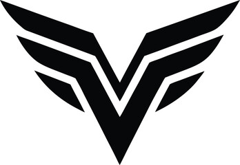 "V-shaped abstract wing logo, horizontal lines forming stylized wings, solid black, modern look." silhouette.