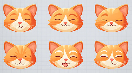 Bright icon set with cheerful, sleepy, and flirty cat expressions on transparent background 