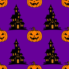 Seamless vector Halloween pattern with spooky houses and grinning pumpkins on a vibrant purple background, perfect for festive designs.