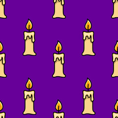 Seamless vector pattern of melting candles with vibrant yellow flames on a deep purple background, ideal for Halloween or mystical designs.