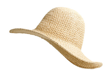 Straw hat side view isolated on white background. Beach hat with clipping path as design element banner, studio shot with sunlight. Summer travel cap for beach holidays on Vacation