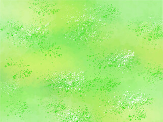 新緑や若草のイメージの背景素材。水彩手描きの筆のタッチ。キラキラした光。スプラッシュ。シロツメクサなど野草の咲いた野原の風景。