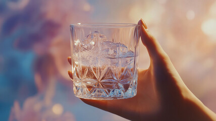 Woman hand holding a glass of drinking water. Clinking glass super soaker glass molding. Crystal clear glass of water, whiskey, tequila. Hand holding glass.
Young woman drinking a glass of beer, water