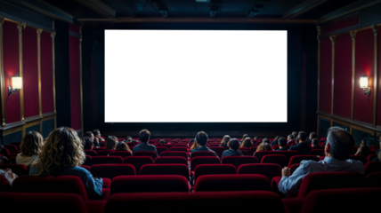 People in a cinema hall watching with a blank screen