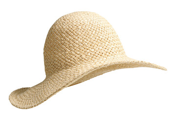 Straw hat side view isolated on white background. Beach hat with clipping path as design element banner, studio shot with sunlight. Summer travel cap for beach holidays on Vacation