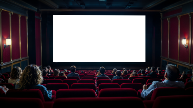 People in a cinema hall watching with a blank screen
