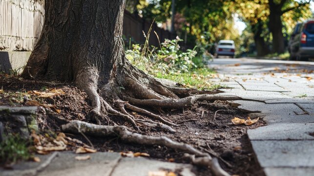 Tree roots breaking through a sidewalk, symbolizing the way nature can impinge on human structures