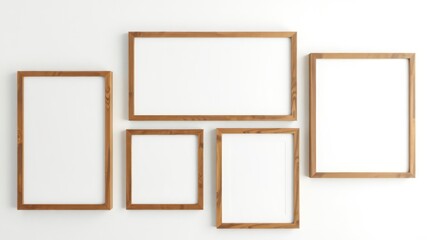 Simple Minimalist Arrangement Featuring Several Blank Wooden Frames of Varying Sizes on an Isolated White Wall
