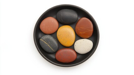 A serene arrangement of smooth, colorful pebbles in a round black dish, perfect for enhancing your indoor decor or as a calming decorative element for relaxation.