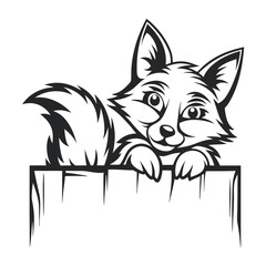 Obraz premium Adorable Cartoon Fox Peeking Over Wooden Fence – Cute Hand-Drawn Woodland Animal Illustration in Vector Style for Children’s Content, Nature Themes, and Whimsical Art Projects