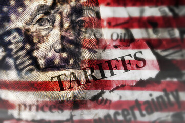 Tariffs news headlines and hundred dollar bill over an American flag
