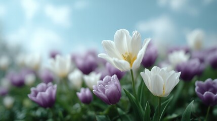 Naklejka premium A serene field of blooming tulips showcasing vibrant shades of purple and white against a clear blue sky. Perfect for spring themes, gardening projects, and floral inspiration.