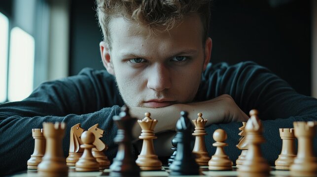 A chess player calmly strategizing in a tense match, showcasing the confidence of an imperturbable mindset