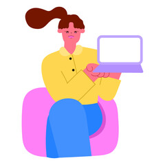 woman sitting and holding blank laptop screen for copy space, digital marketing and online advertising concept