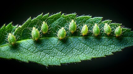 Naklejka premium Ultra-High Resolution SEM Capture of Aphid Clusters Exhibiting Complex Morphology on Green Foliage with Scientific Emphasis